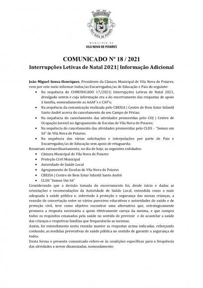 Comunicado n.&ordm; 18/2021 (CMP) | Interrup&ccedil;&otilde;es Letivas de Natal de 2021 &ndash; Informa&ccedil;&atilde;o Adicional