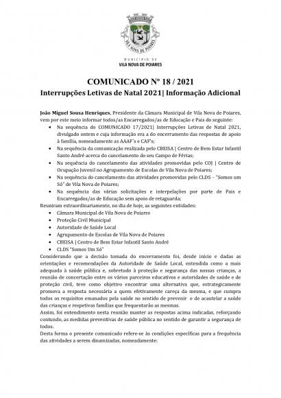 Comunicado n.&ordm; 18/2021 (CMP) | Interrup&ccedil;&otilde;es Letivas de Natal de 2021 &ndash; Informa&ccedil;&atilde;o Adicional