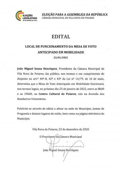 Elei&ccedil;&otilde;es legislativas 2022 | Local de Funcionamento da Mesa de Voto Antecipado Em Mobilidade