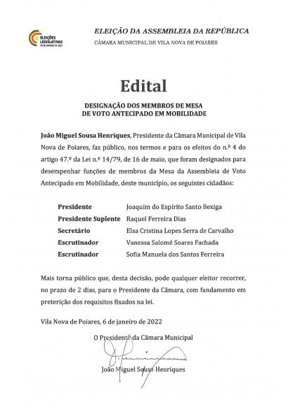 Elei&ccedil;&otilde;es legislativas 2022 | Edital Designa&ccedil;&atilde;o dos membros de mesa de voto antecipado em mobilidade