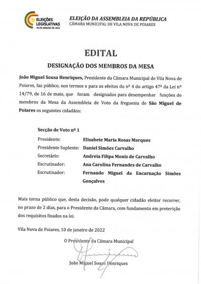 Elei&ccedil;&otilde;es legislativas 2022 | Editais acerca da designa&ccedil;&atilde;o dos membros das mesas das sec&ccedil;&otilde;es de voto da Freguesia