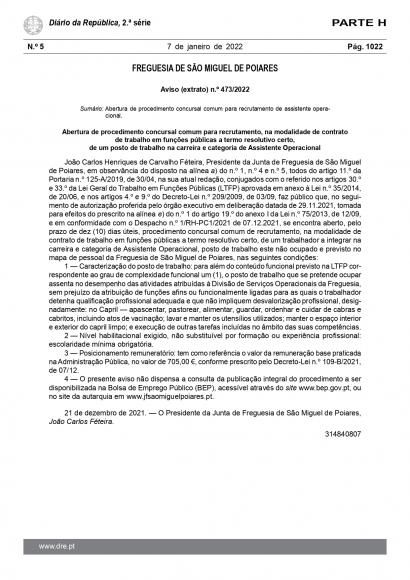 Aviso de abertura de procedimento concursal comum para recrutamento de Assistente Operacional a termo certo
