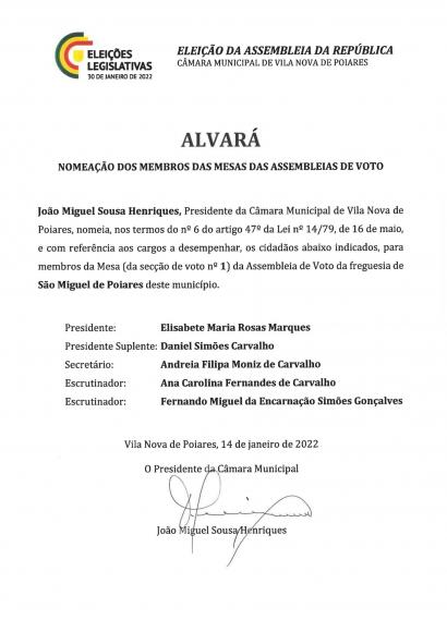 Elei&ccedil;&otilde;es legislativas 2022 | Alvar&aacute;s de nomea&ccedil;&atilde;o dos membros das mesas das sec&ccedil;&otilde;es de voto da Freguesia