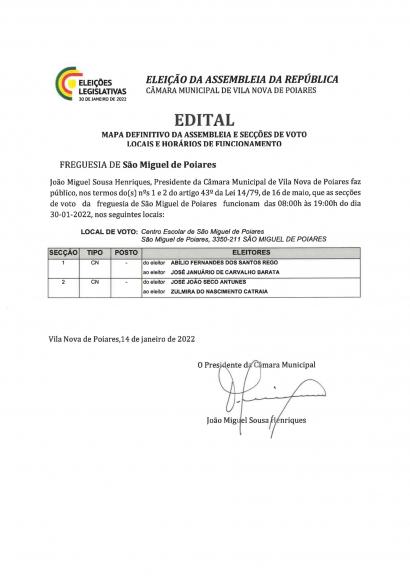 Elei&ccedil;&otilde;es legislativas 2022 | Edital sobre o mapa definitivo da assembleia e sec&ccedil;&otilde;es de voto, locais e hor&aacute;rios de funcionamento