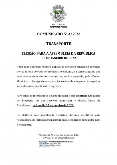 Elei&ccedil;&otilde;es legislativas 2022 | Comunicado n.&ordm; 3/2022 &ndash; Transporte no dia das elei&ccedil;&otilde;es | Inscri&ccedil;&otilde;es at&eacute; dia 27/01