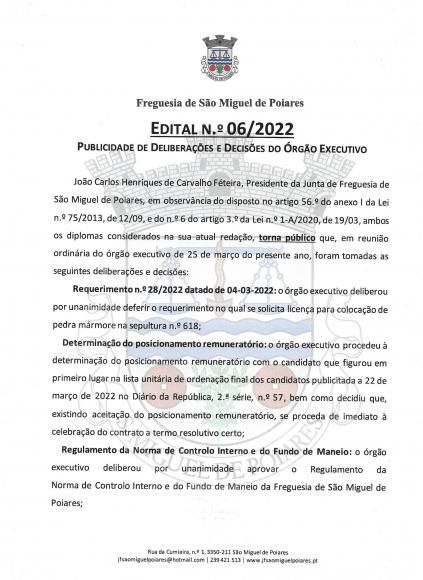 Edital n.º 06/2022 | Publicidade de decisões e de deliberações tomadas em reunião de JF de 25/03