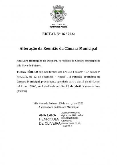 Edital n.º 16/2022 (CMP) | Alteração da data da reunião de CM