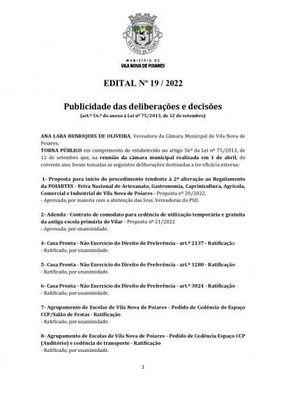 Edital n.º 19/2022 (CMP) | Publicidade das deliberações e decisões tomadas em reunião de CM de 01/04