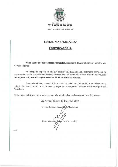 Edital n.º 5/AM/2022 | Convocatória para Assembleia Municipal