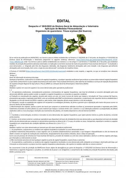 Edital acerca dos citrinos infestados com psila africana – Trioza erytreae (Del Guercio)