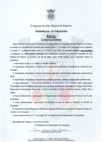 Edital Convocatória para reunião de Assembleia de Freguesia | Dia 28/04, às 21h