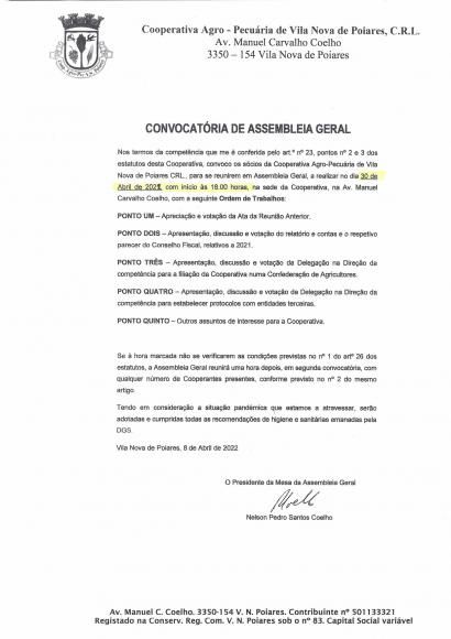 Cooperativa Agropecuária de Vila Nova de Poiares | Convocatória de Assembleia Geral