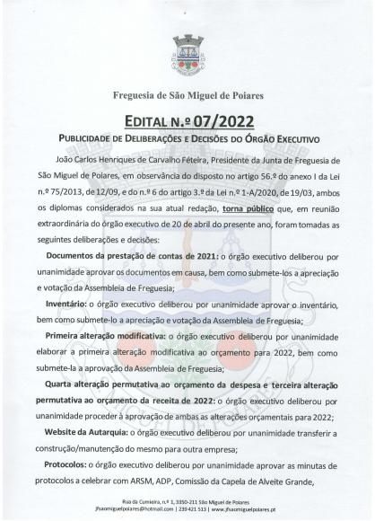 Edital n.º 07/2022 | Publicidade de decisões e de deliberações tomadas em reunião de JF de 20/04
