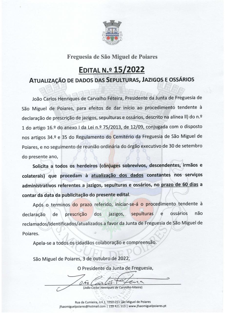 Edital n.º 15/2022 | Atualização de dados das sepulturas, jazigos e ossários